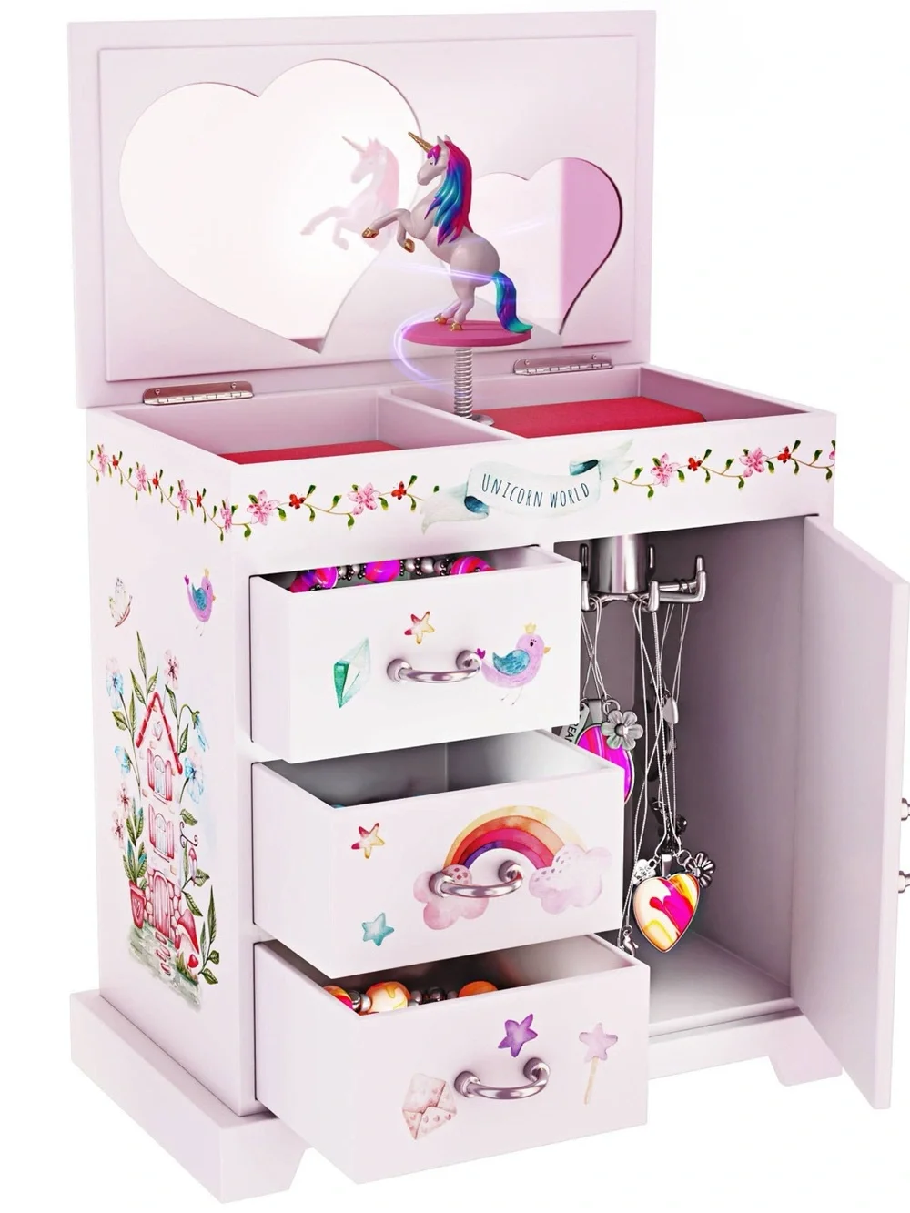 NIB Unicorn Musical Jewelry Box Kids 3 Drawer Chest Spinning Unicorn & Mirrors